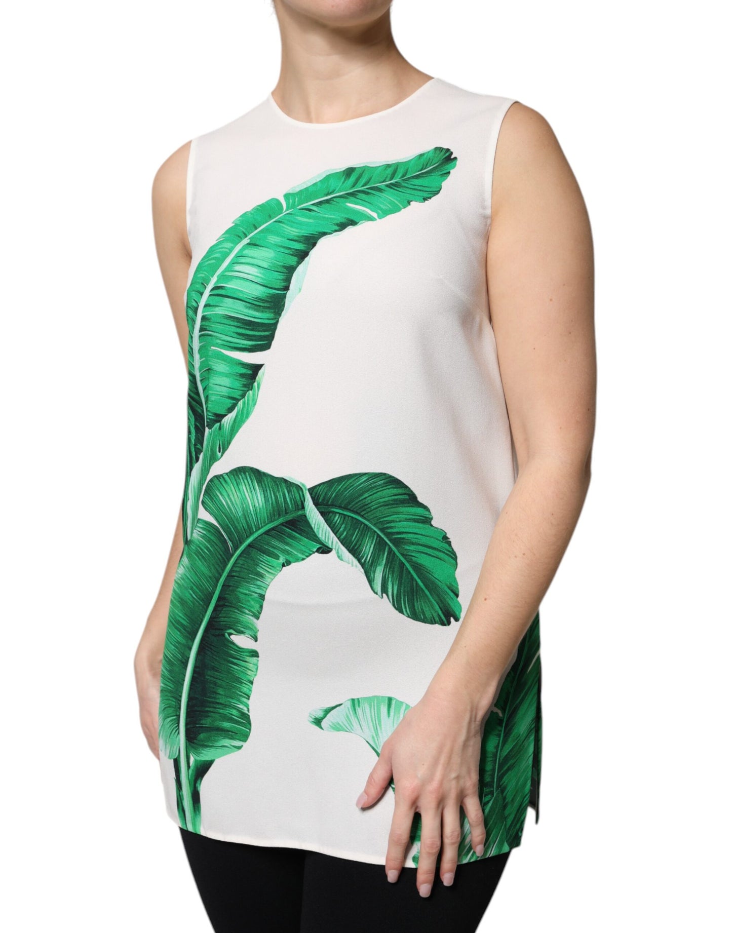 White Banana Leaf Print Round Neck Tank Top