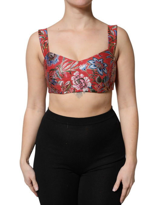 Red Floral Brocade Cropped Bustier Corset Top