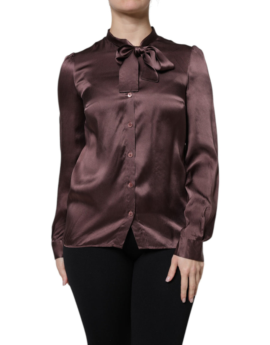 Brown Ascot Collar Long Sleeve Blouse Top