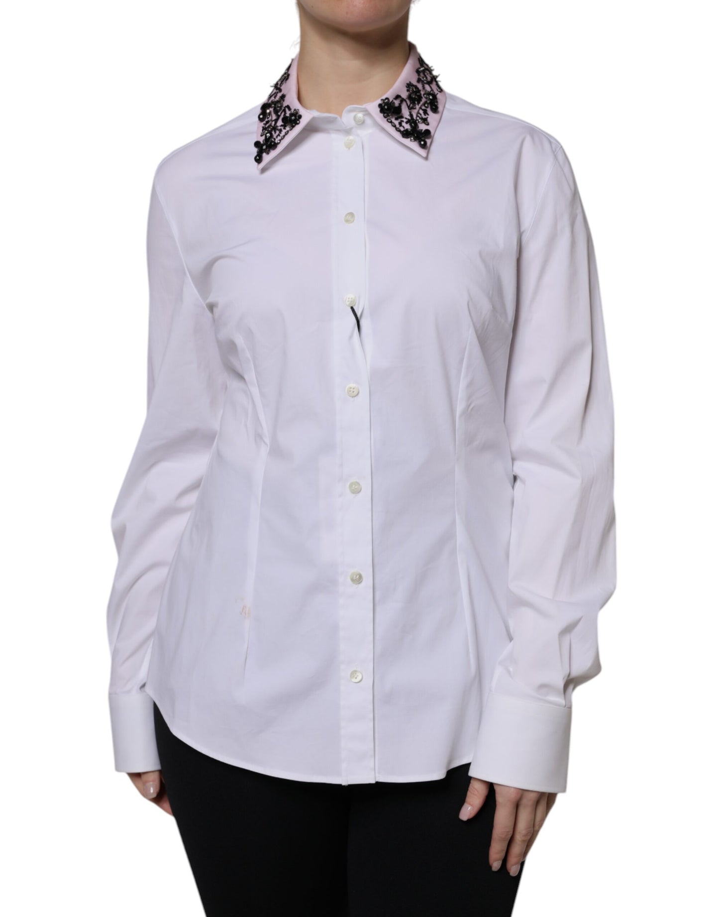 White Embellished Collared Dress Shirt Top