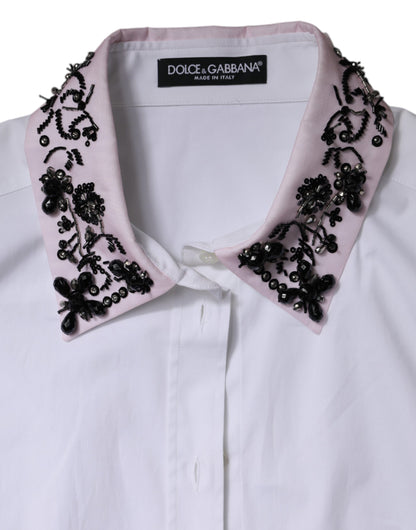 White Embellished Collared Dress Shirt Top