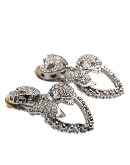 Silver Heart Bow Rhinestones Dangle Clip-On Earrings