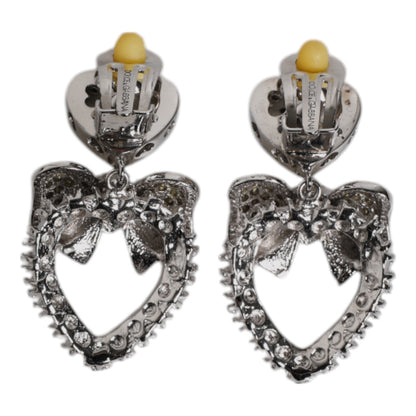Silver Heart Bow Rhinestones Dangle Clip-On Earrings