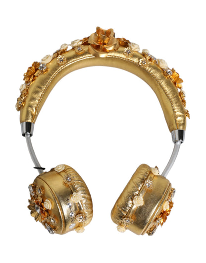 Gold Leather Floral Crystal Angel Headset Headphones