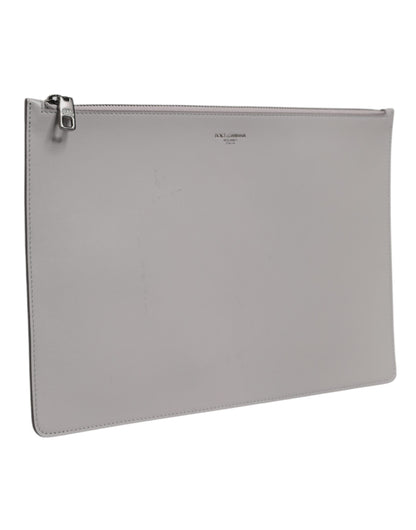 Gray Solid Leather DG Logo Men Clutch Zip Pouch Bag