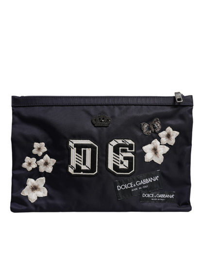 Blue DG Logo Patch Embellished Pouch Clutch Bag