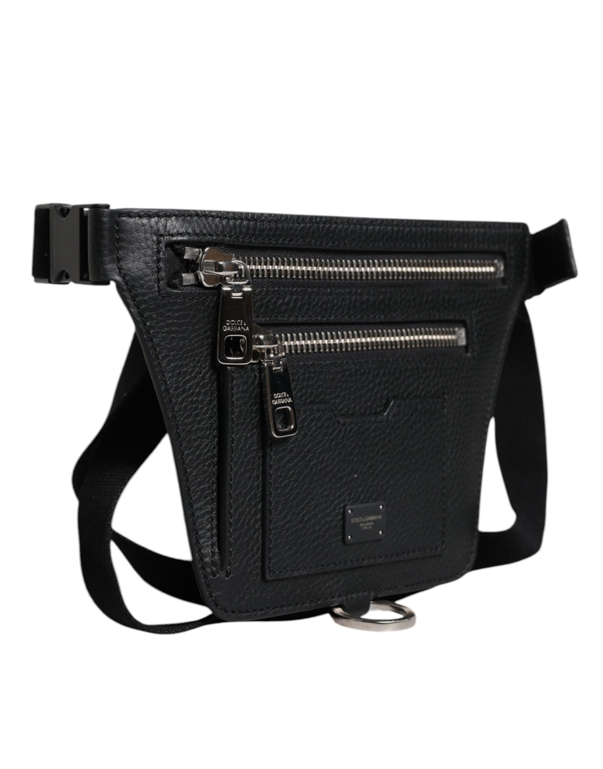 Black Calfskin Logo Plaque Belt Waist Men Fanny Pack Bag