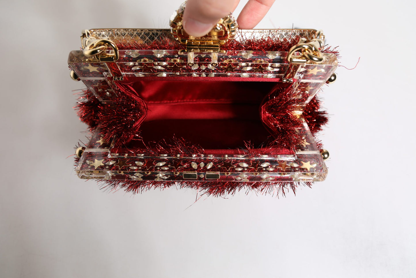Red Gold Chain VANDA Tinsel Crystals Evening Clutch Bag
