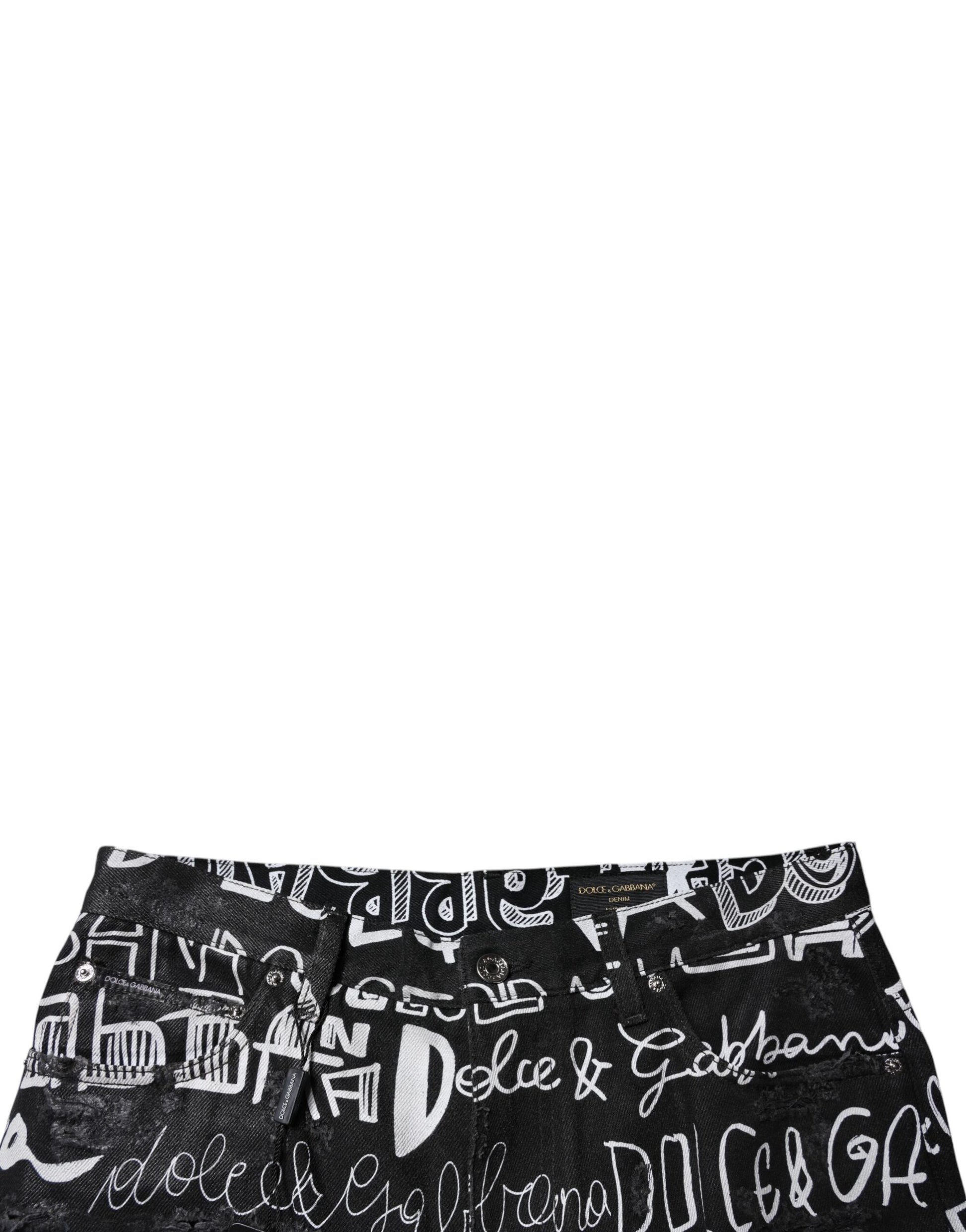 Black Cotton Logo Print Straight Denim Jeans