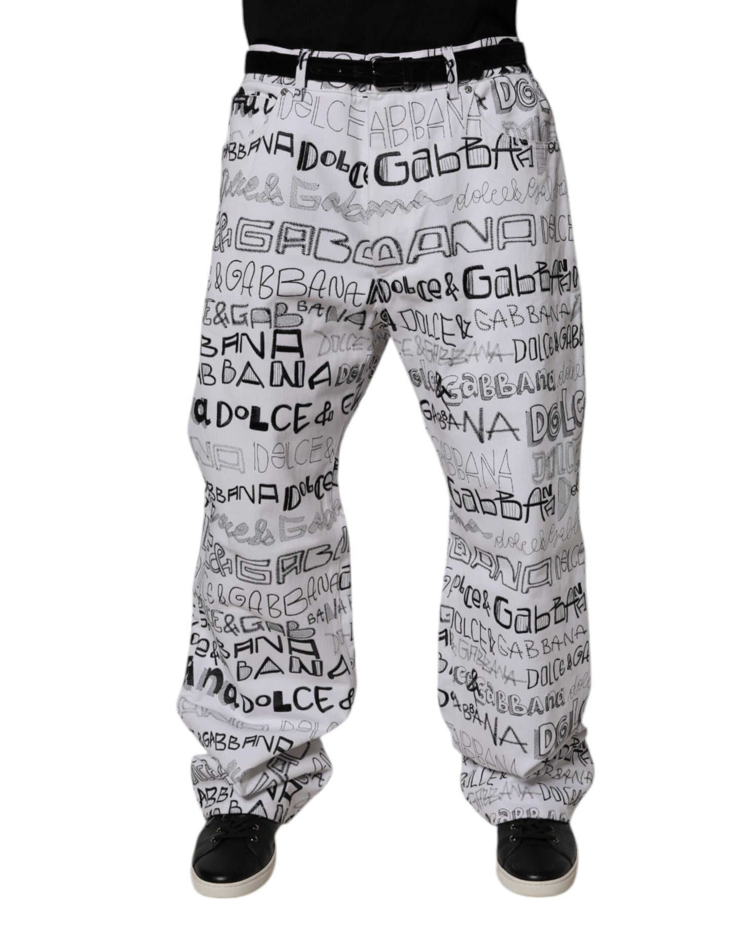 White Logo Print Straight Men Denim Jeans