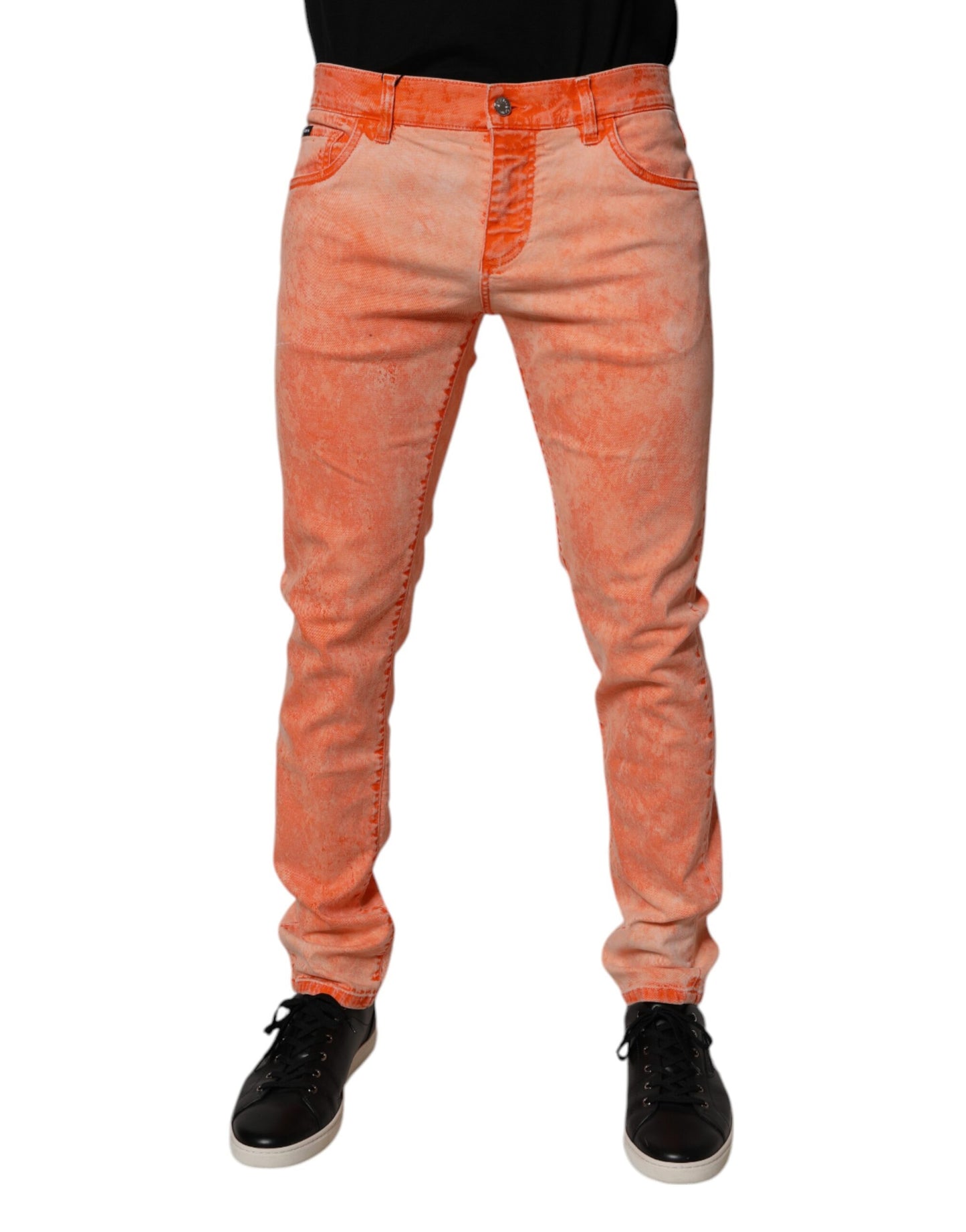 Orange Tie Dye Cotton Skinny Men Denim Jeans