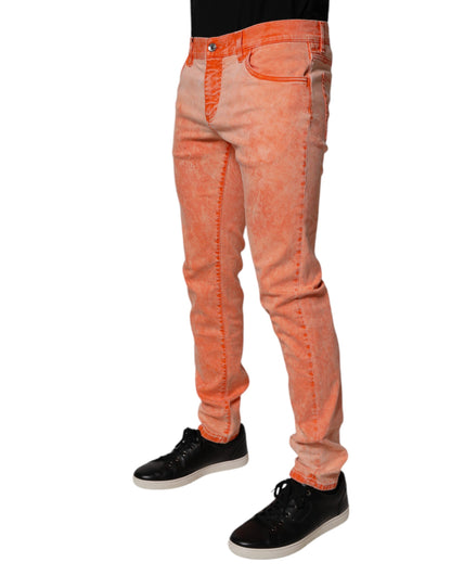 Orange Tie Dye Cotton Skinny Men Denim Jeans
