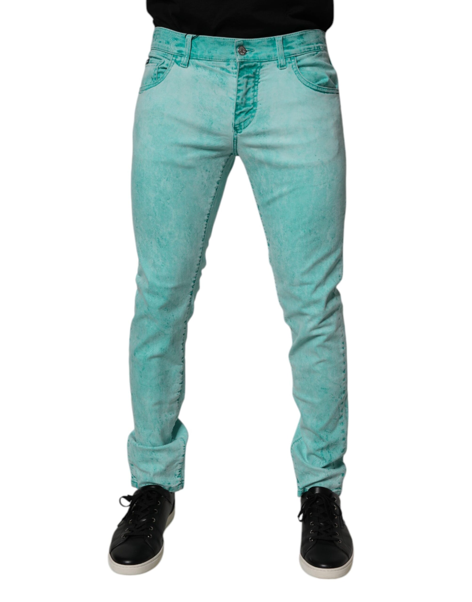 Green Tie Dye Cotton Skinny Men Denim Jeans