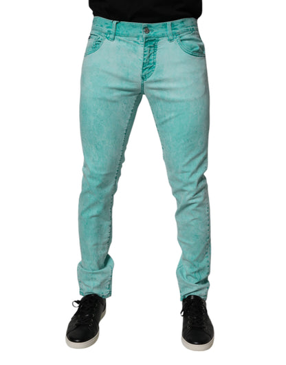 Green Tie Dye Cotton Skinny Men Denim Jeans