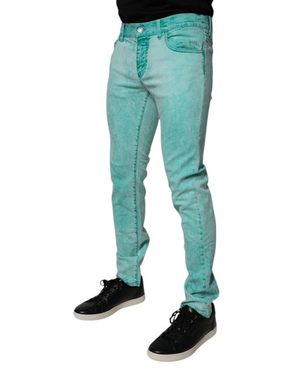 Green Tie Dye Cotton Skinny Men Denim Jeans