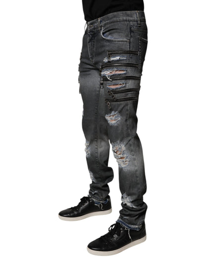 Dark Gray Tattered Cotton Skinny Denim Jeans