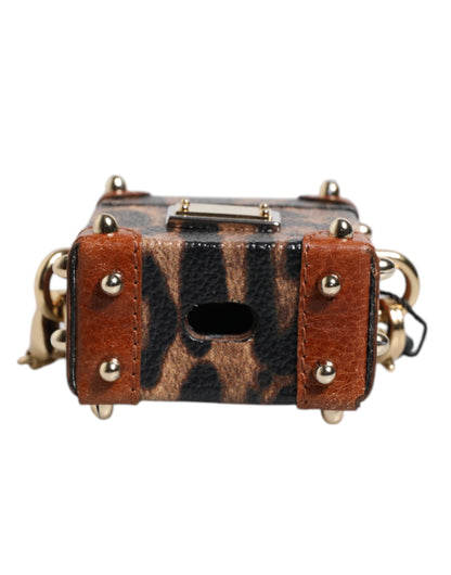 Brown Leopard Metal Logo Plaque Gold Chain Airpods Case