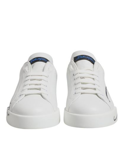 White Blue Leather Logo Low Top Sneakers Shoes