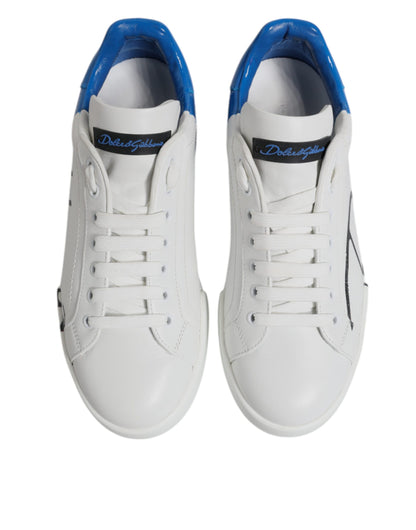 White Blue Leather Logo Low Top Sneakers Shoes