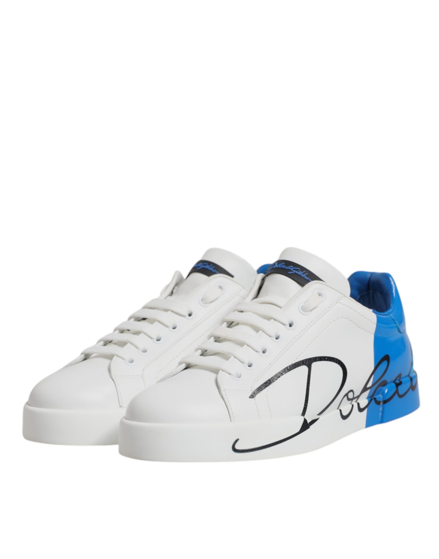 White Blue Leather Logo Low Top Sneakers Shoes
