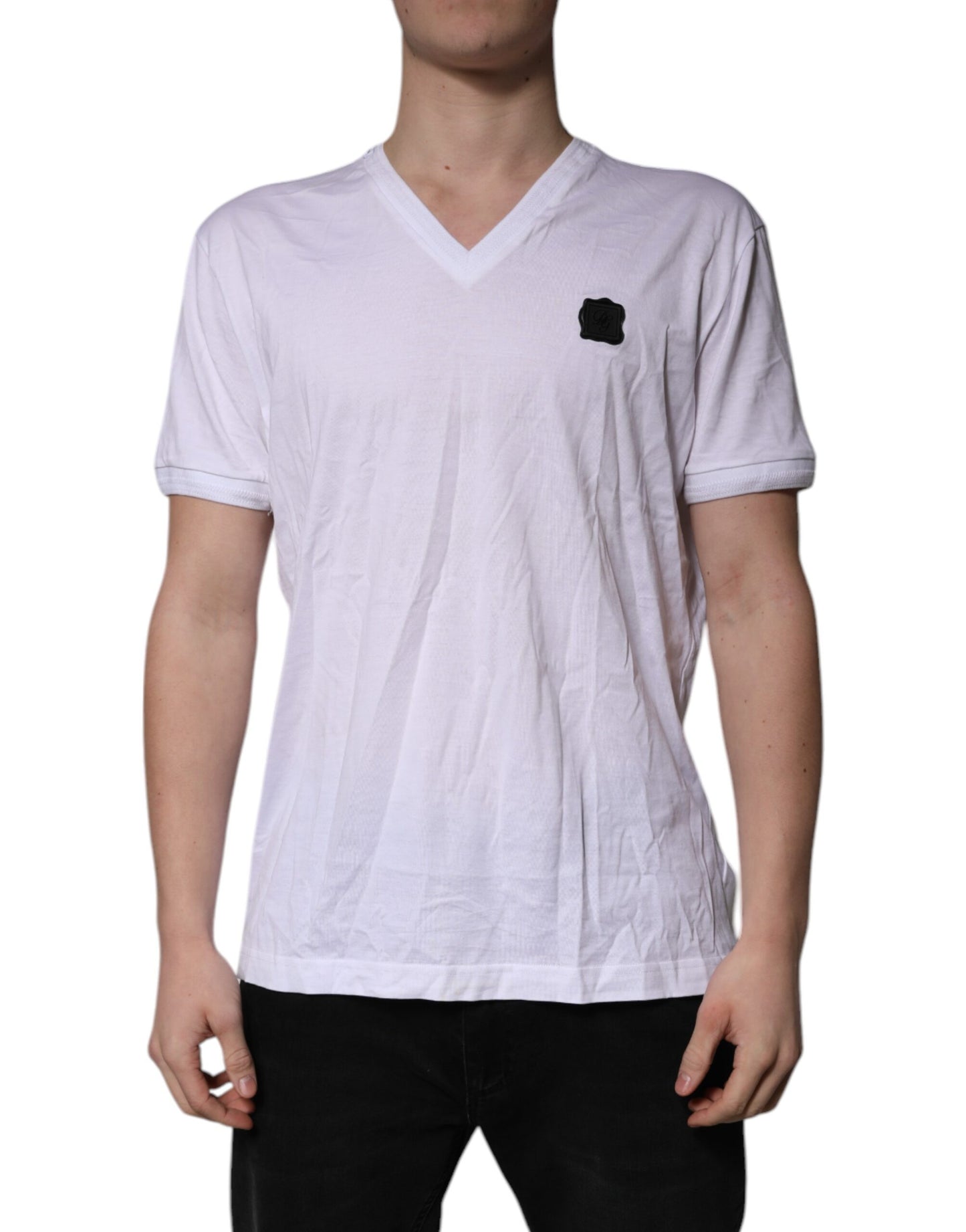 White Cotton Logo Patch V-neck Tee T-shirt
