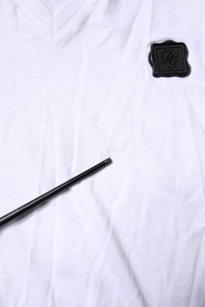 White Cotton Logo Patch V-neck Tee T-shirt