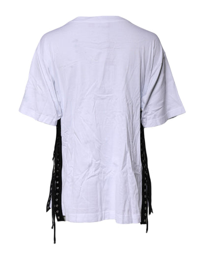 White Print Lace-Up Cotton Crew Neck T-shirt