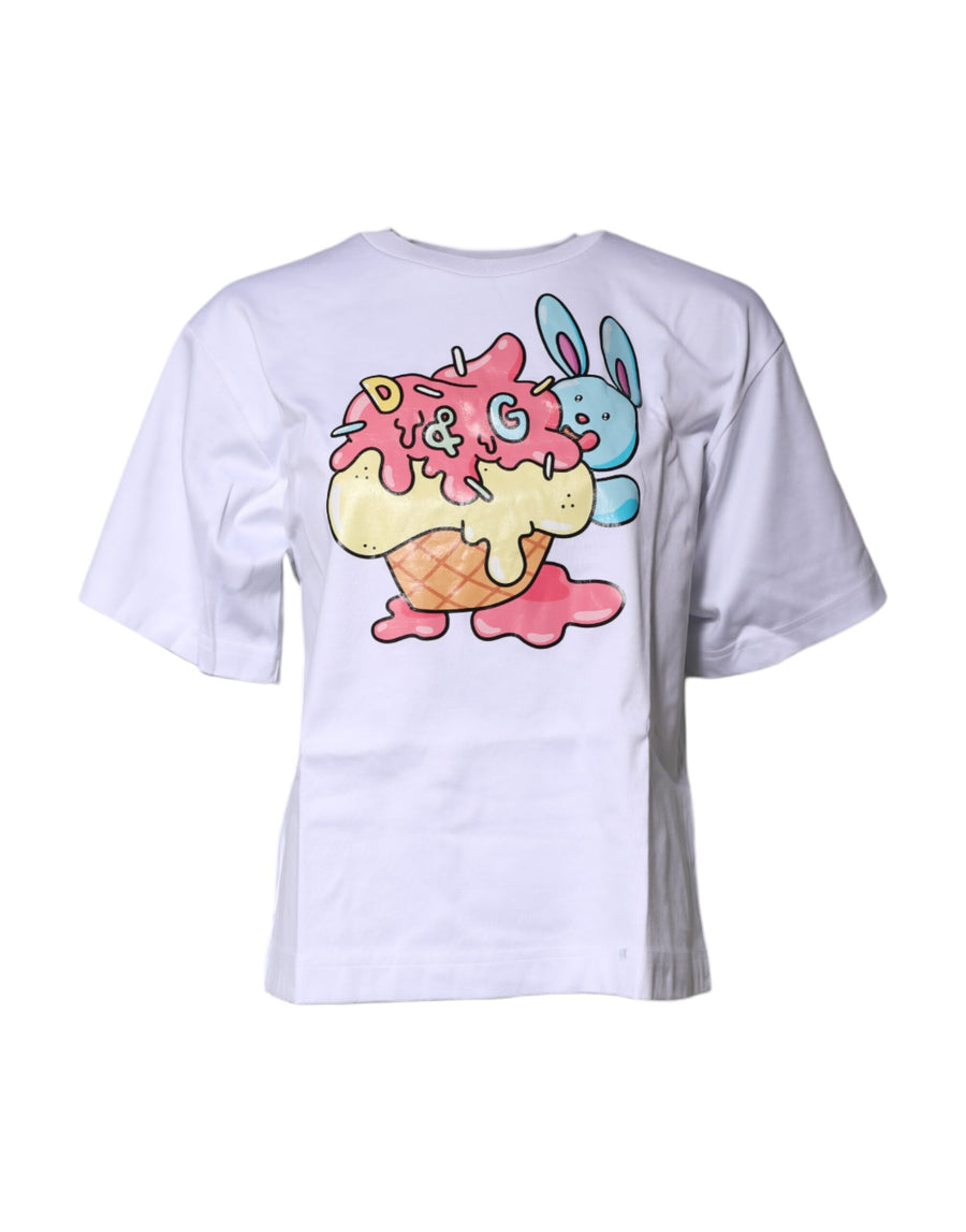 White Printed Cotton Crew Neck Tee T-shirt