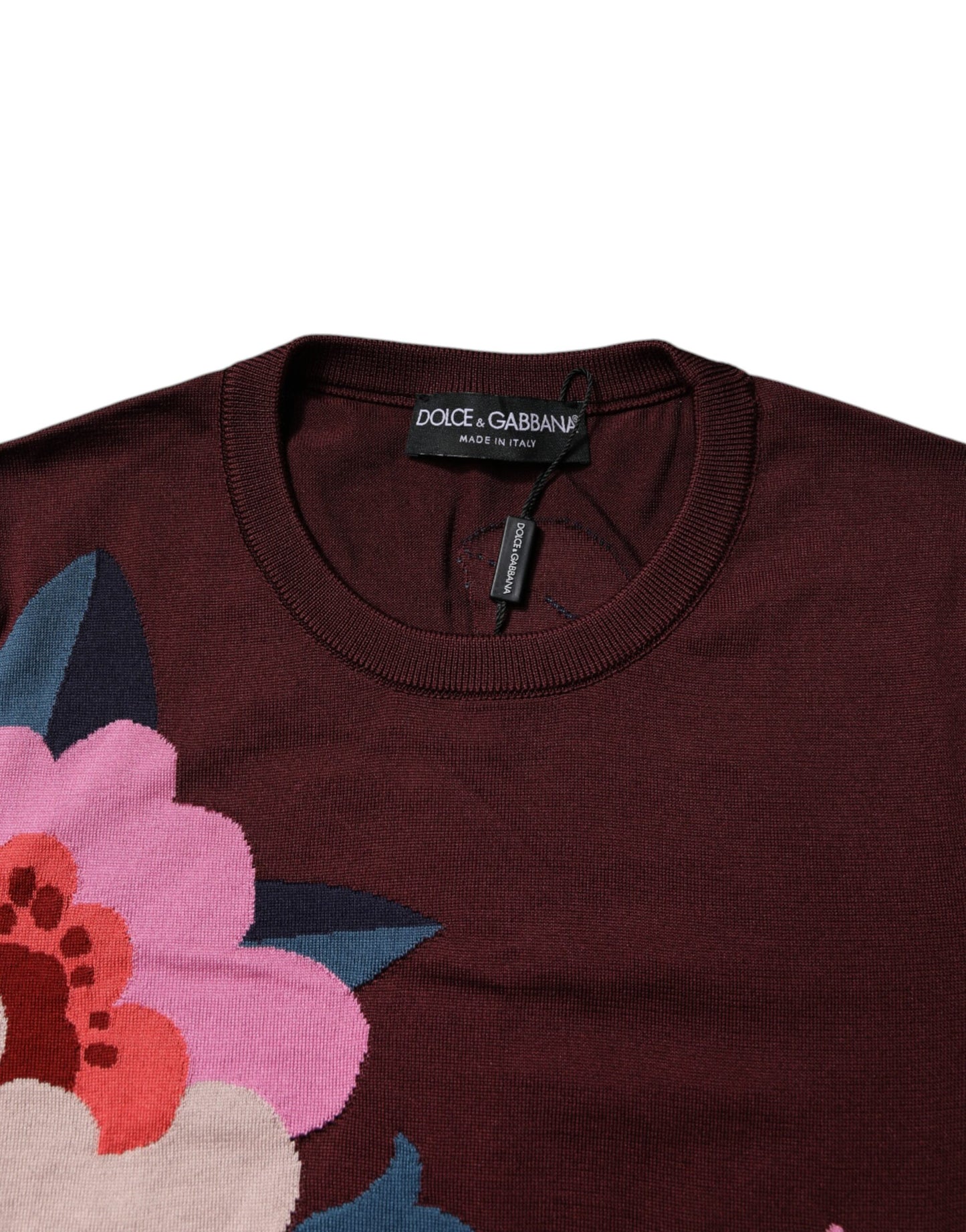 Maroon Floral Silk Crew Neck Blouse Top
