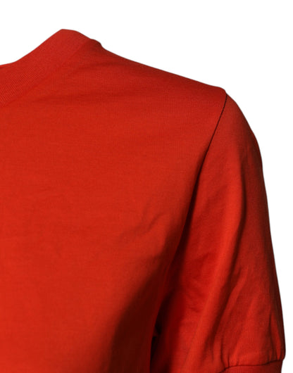 Red Floral Embroidery Cotton Crew Neck T-shirt