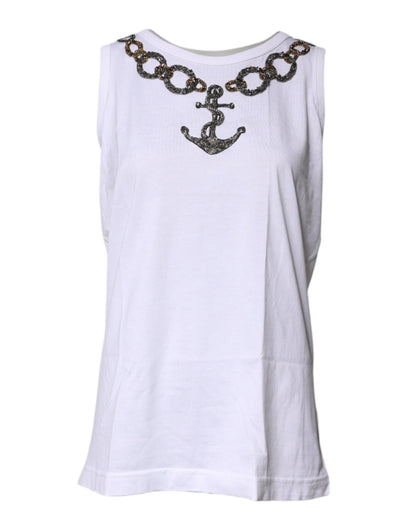 White Cotton Anchor Chain Embroidery Tank Top