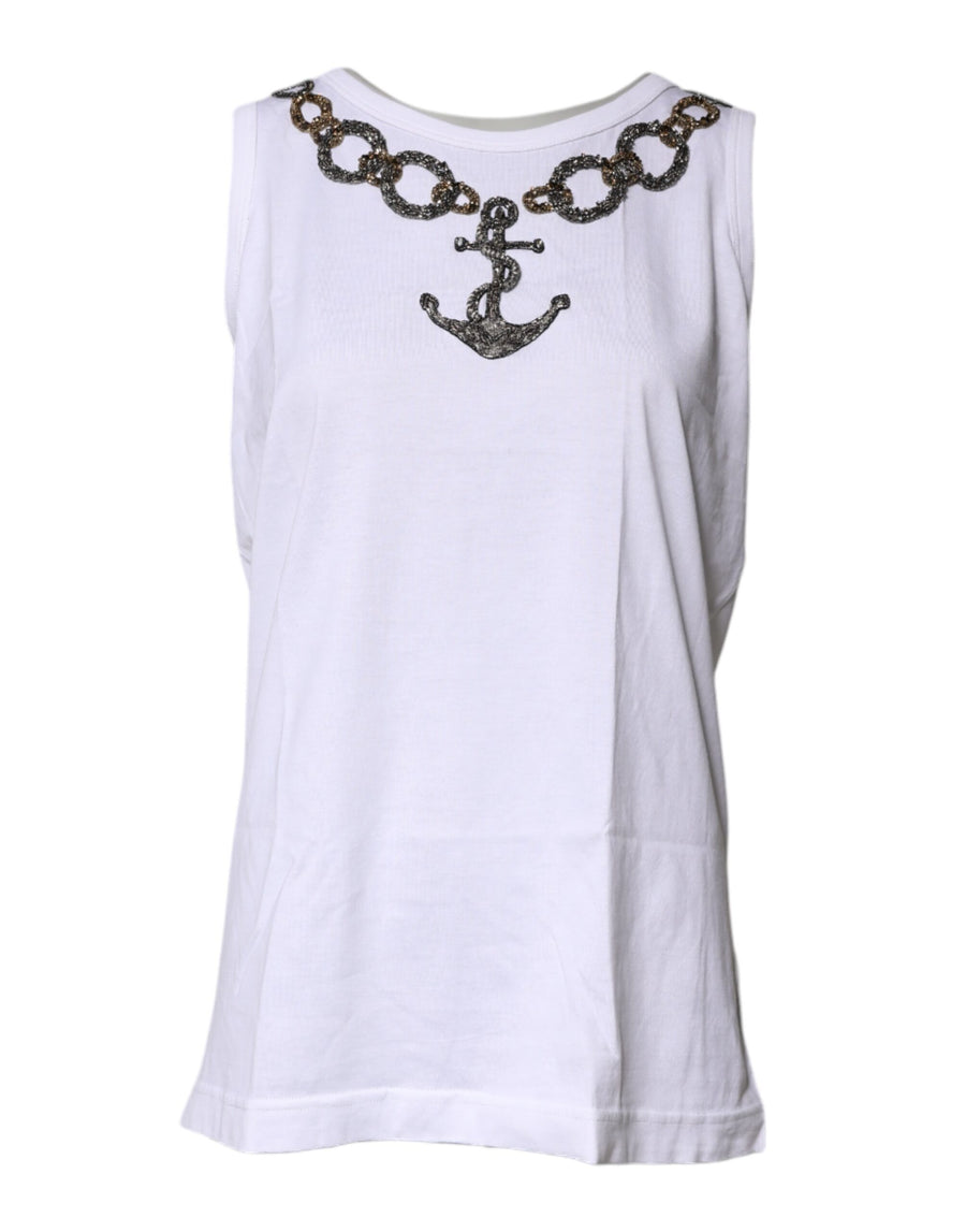 White Cotton Anchor Chain Embroidery Tank Top