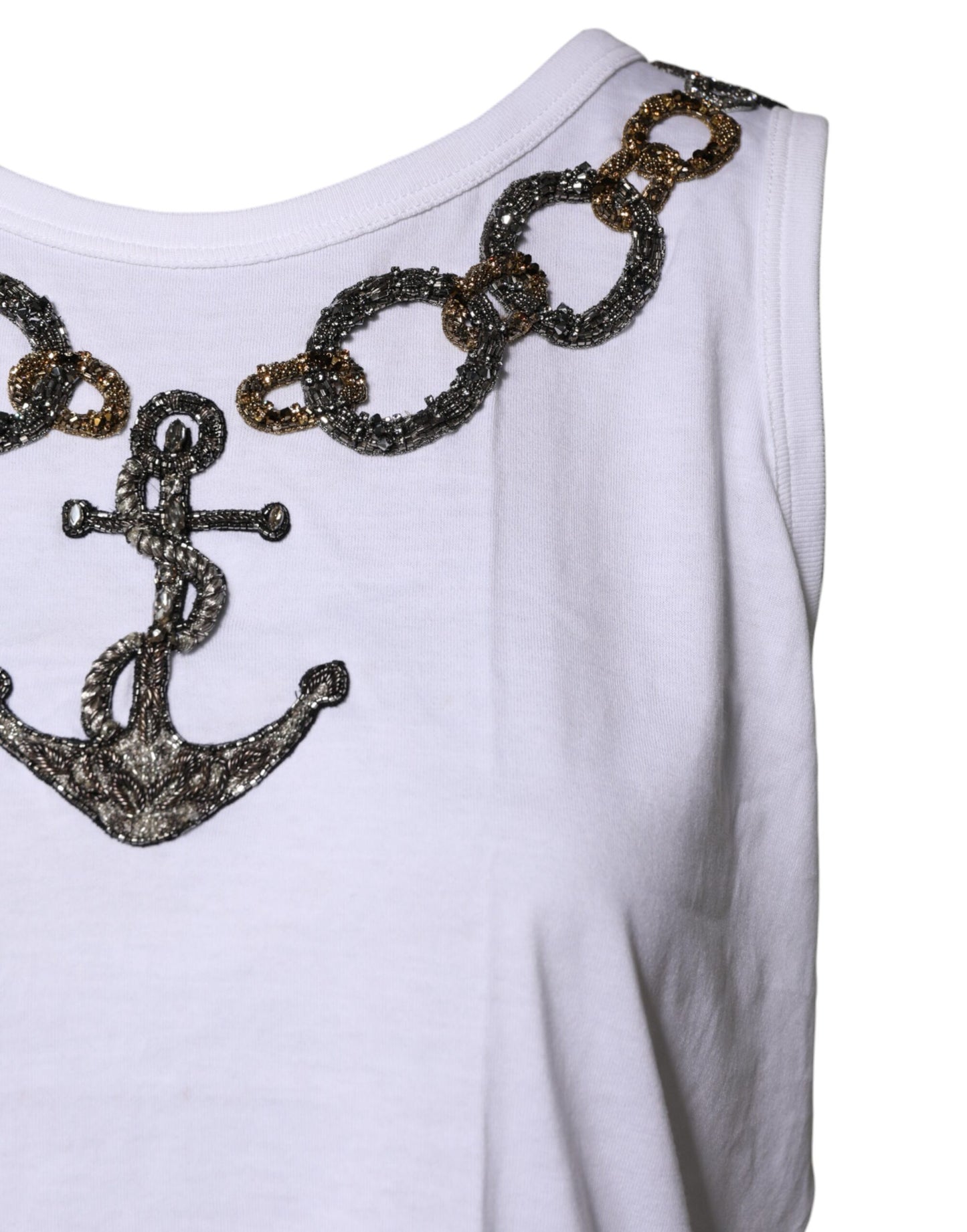 White Cotton Anchor Chain Embroidery Tank Top