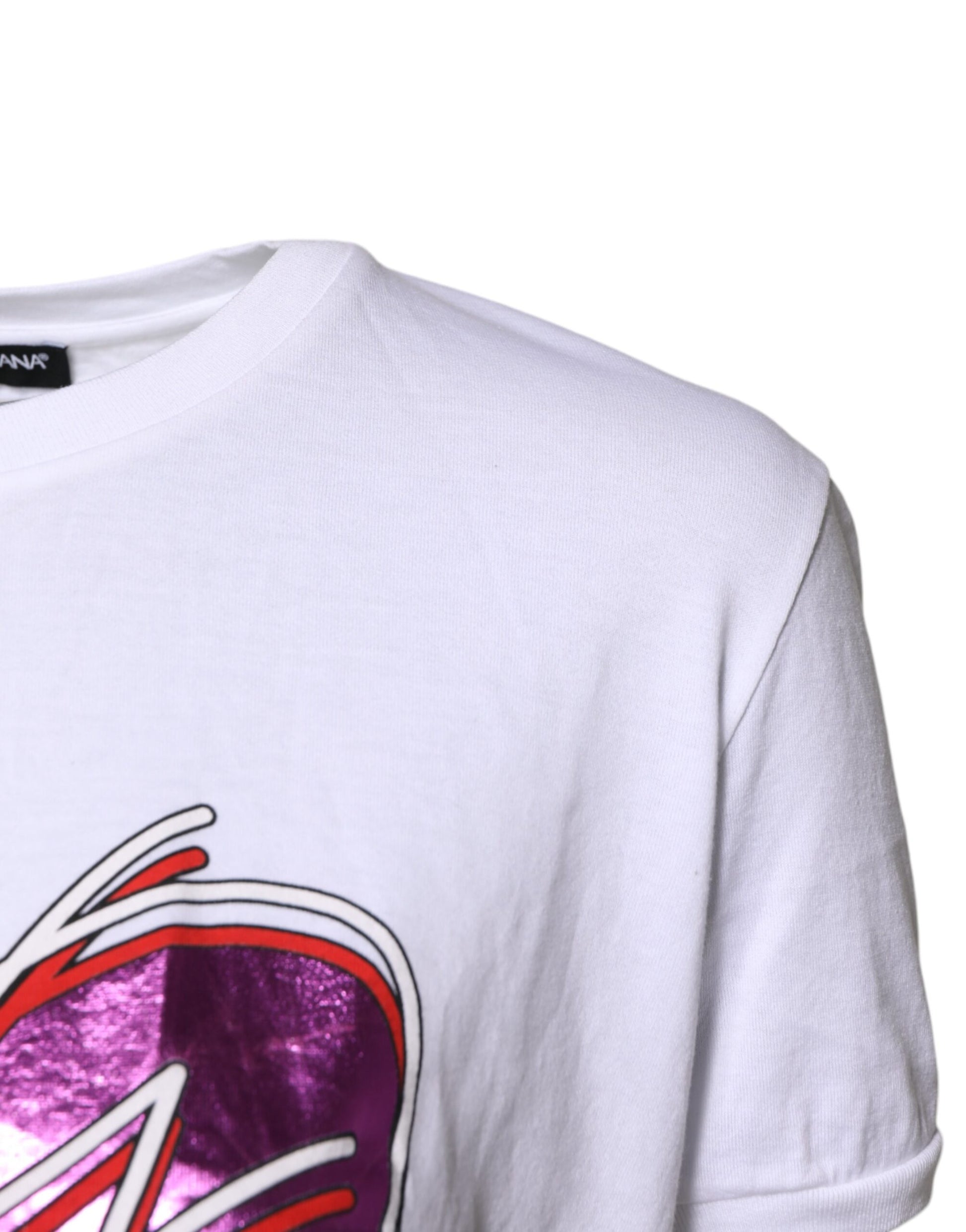 White Printed Cotton Round Neck Top T-shirt