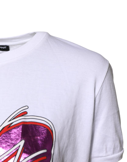 White Printed Cotton Round Neck Top T-shirt