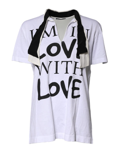 White Cotton Silk Blend Ascot Collar T-shirt