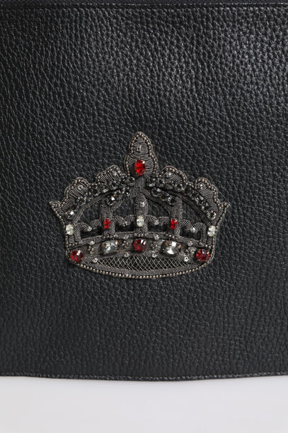 Black Calfskin Crown Embellished Clutch Pouch Bag
