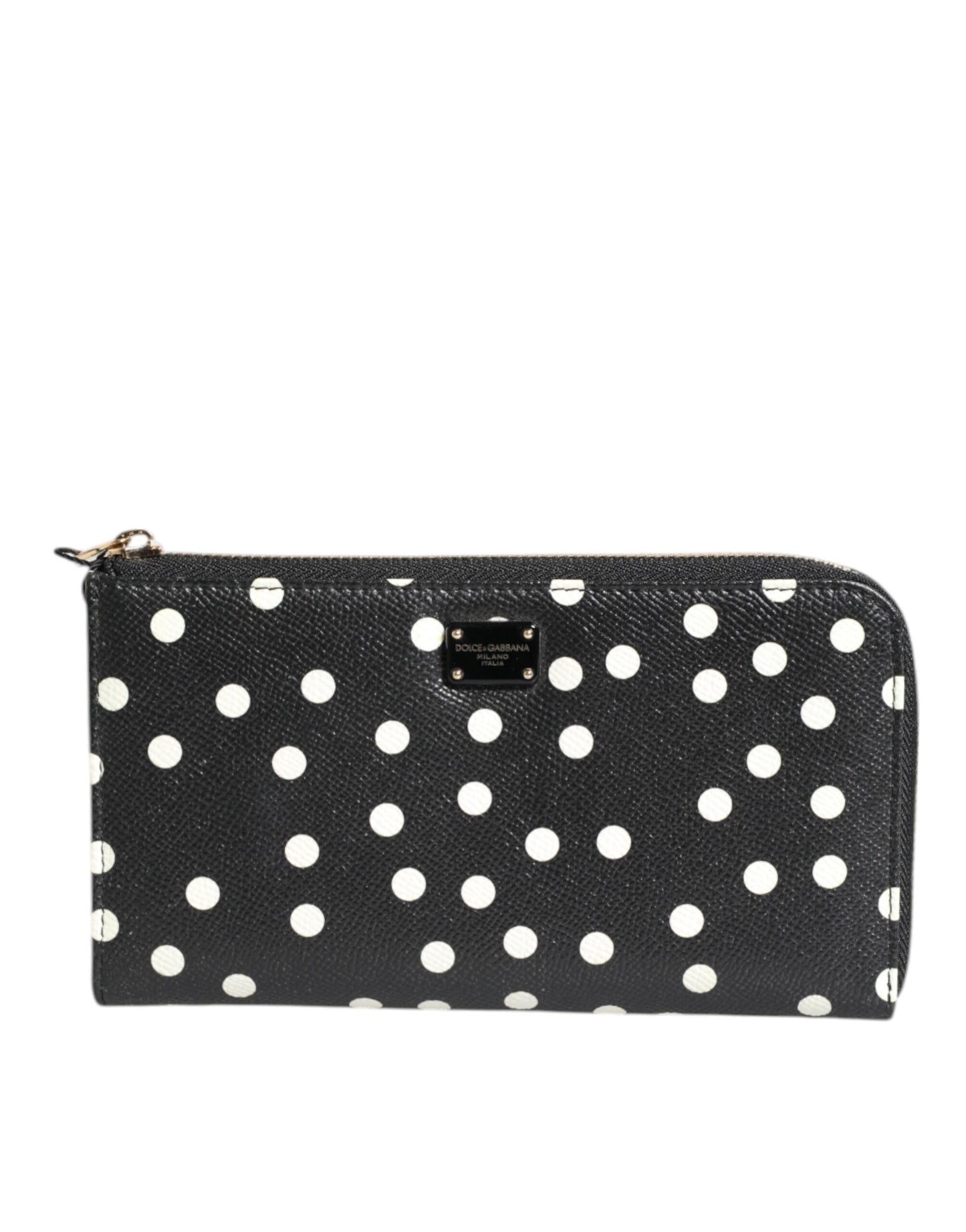 Black White Dotted Leather Zip Around Continental Wallet