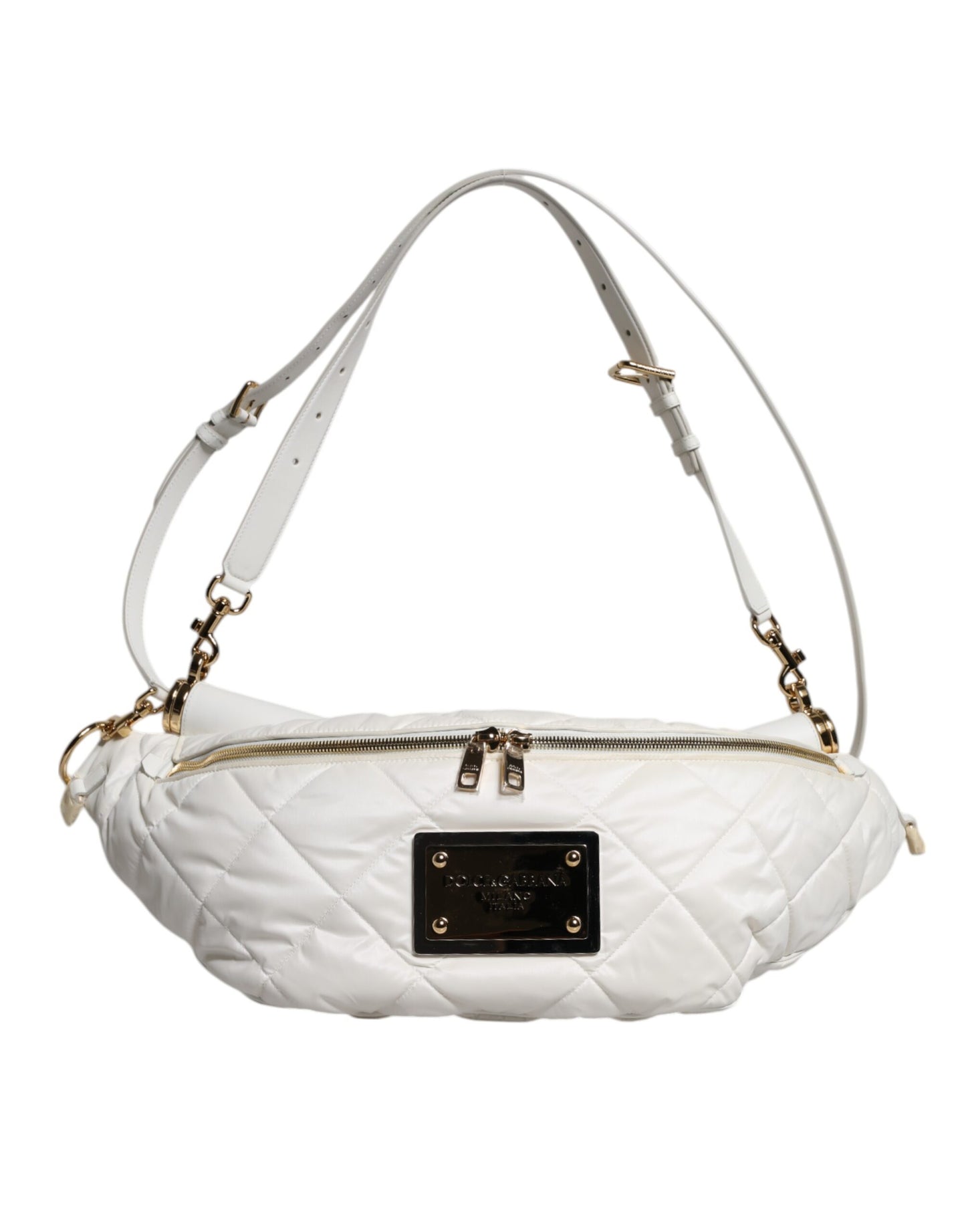 White Quilted Logo Plaque Belt Waist Fanny Pack Bag