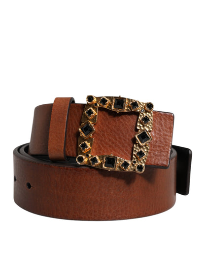 Brown Leather Gold Crystal Buckle Belt
