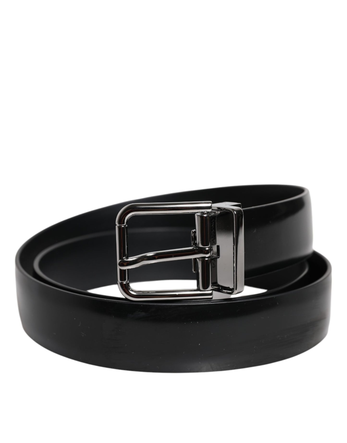 Black Shiny Leather Silver Metal Buckle Belt