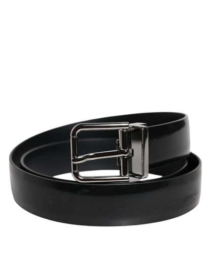 Black Shiny Leather Silver Metal Buckle Belt