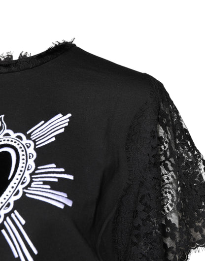 Black Lace Sheer Sacred Heart Crew Neck Top