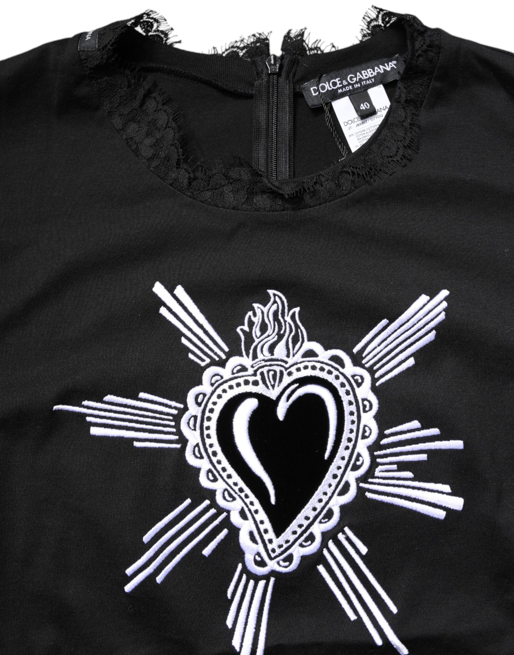 Black Lace Sheer Sacred Heart Crew Neck Top
