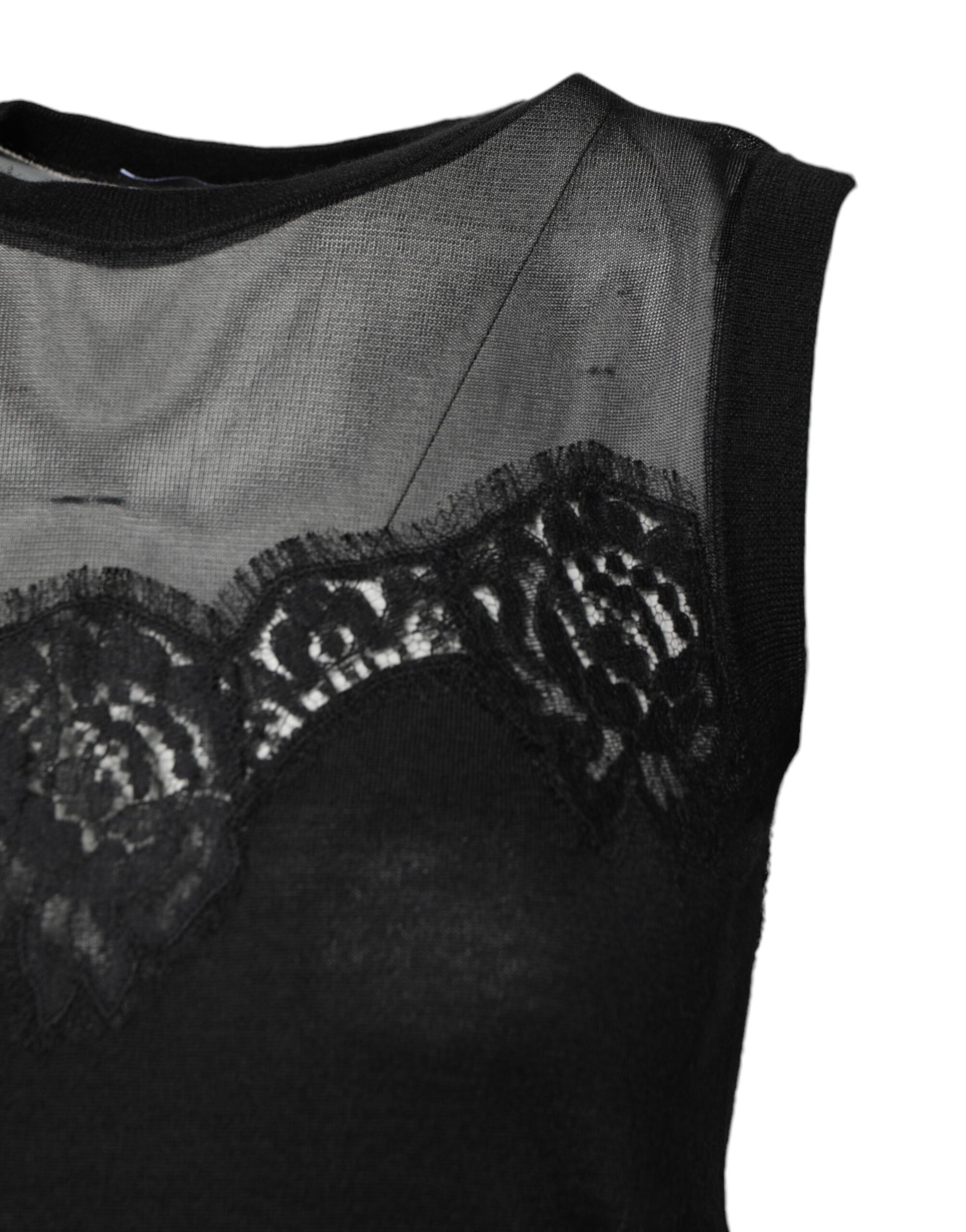 Black Lace Sheer Crew Neck Sleeveless Top