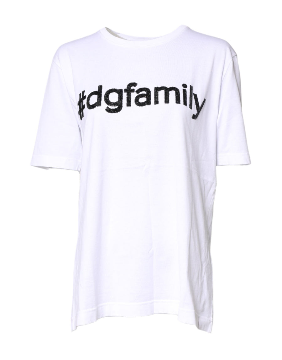 White #DGFamily Print Cotton Crew Neck T-shirt