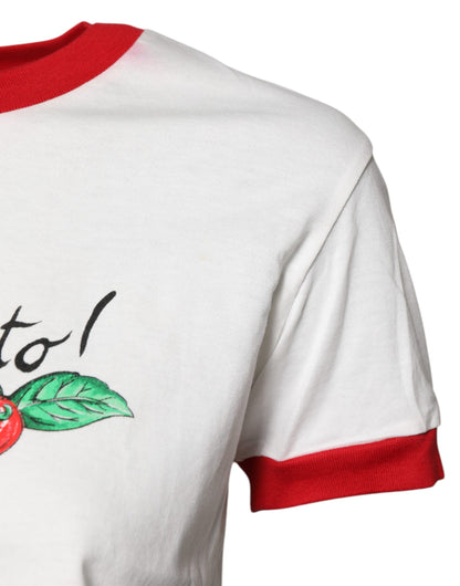 White Printed Round Neck Cropped Top T-shirt