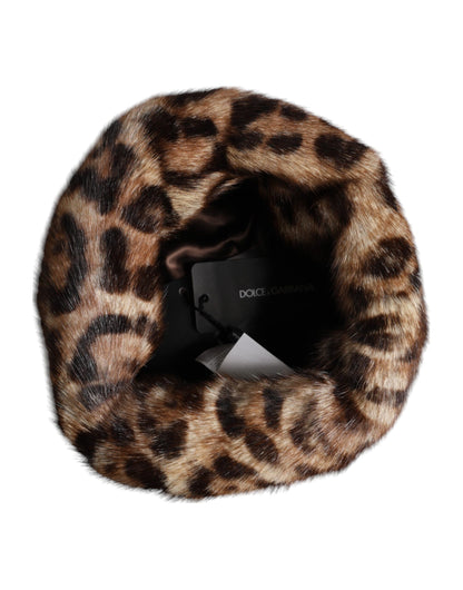 Brown Leopard Faux Fur Women Bucket Hat