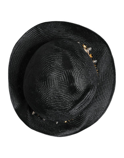 Black Straw Crystal Embellished Wide Brim Hat
