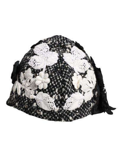 Black Wool White Floral Embellished Cloche Hat